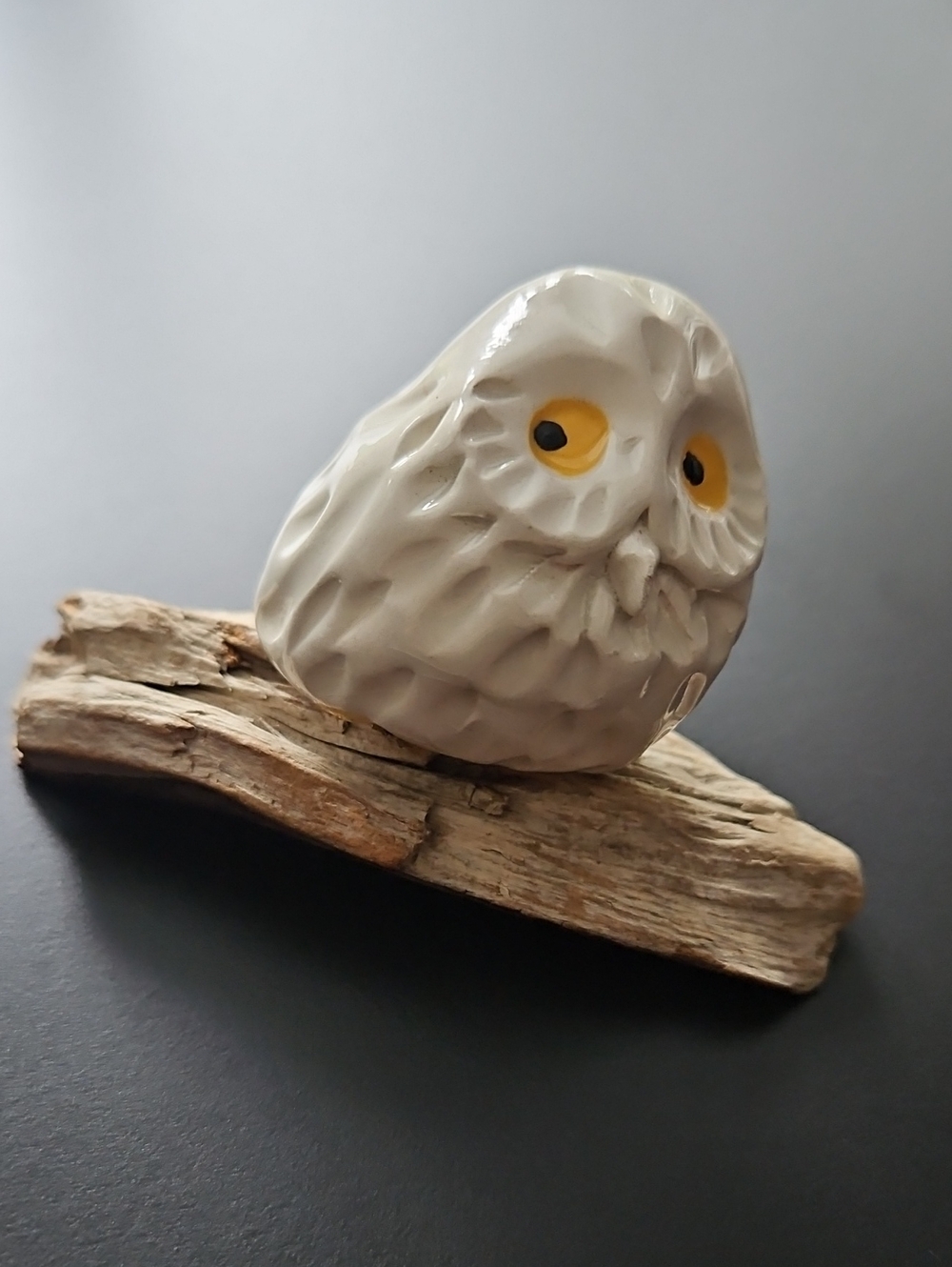Handcrafted Ceramic Owl Figurine White Yellow Eyes Driftwood Based Signed LM